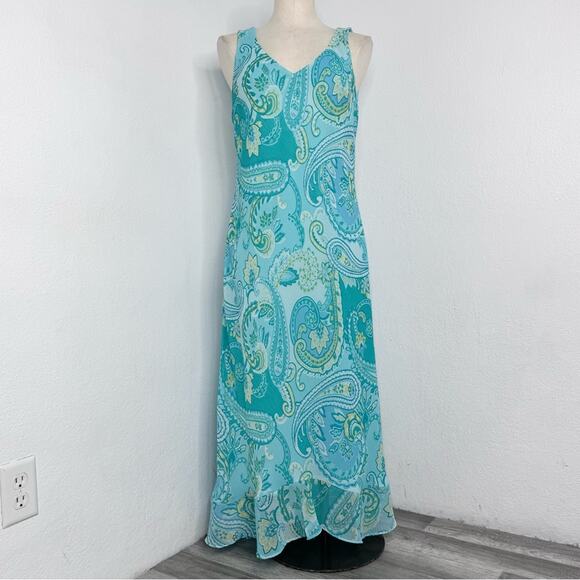 Vintage 90s Y2K Paisley Blue Sleeveless Maxi Dress Size 14 - Picture 2 of 8
